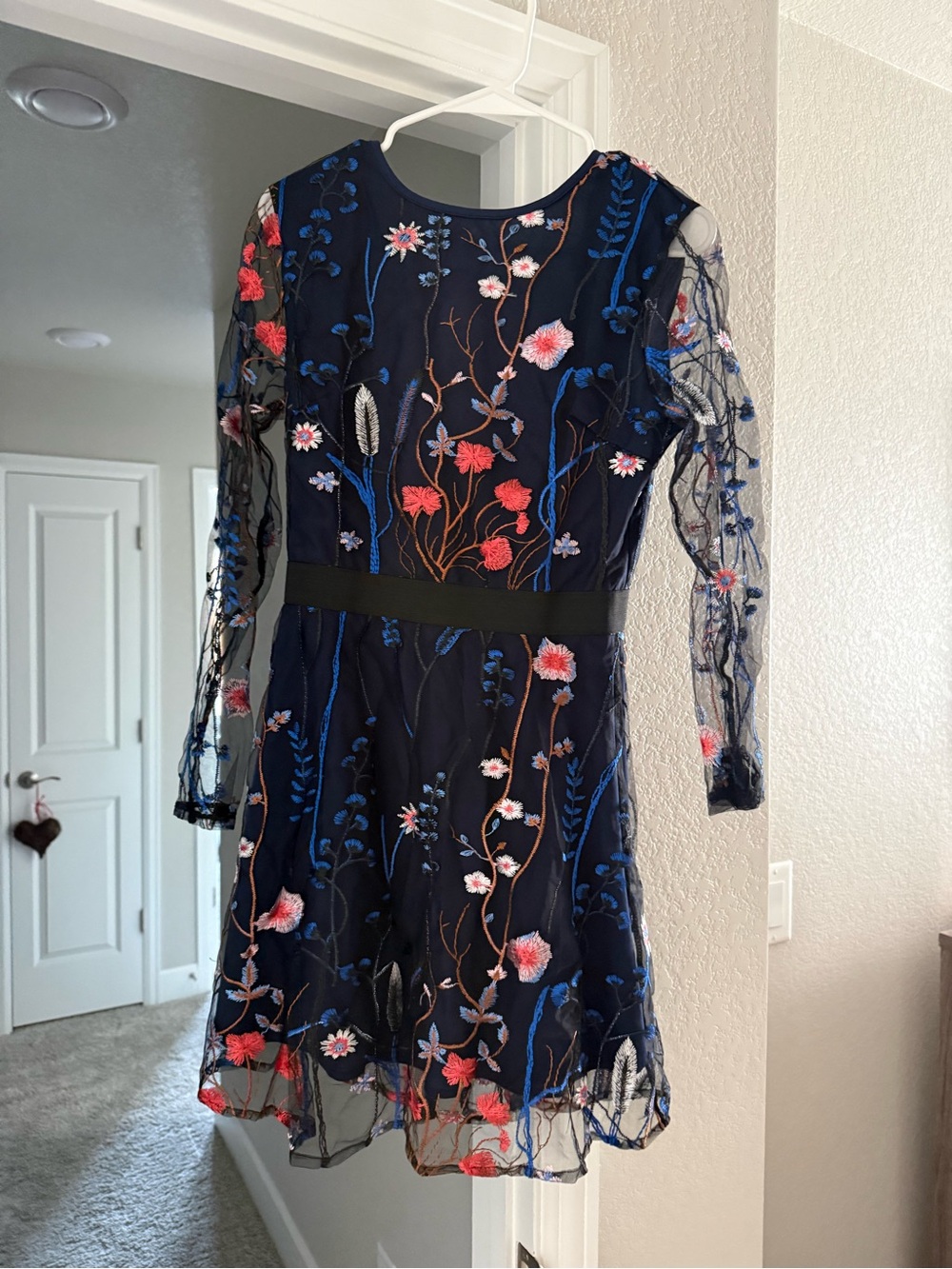 Navy Floral Embroidered Mesh Dress - Women